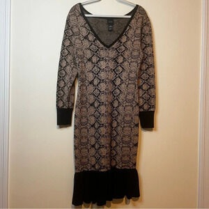 Cozy Knit Snakeskin Print Bodycon Ruffle Hem Sweater Longsleeve Midi Dress